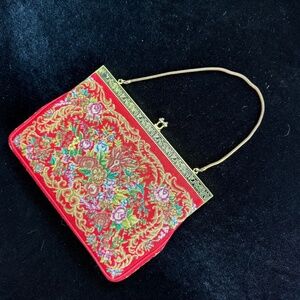 Vtg Red Petit Point Handbag Gold Hardware Christmas Wedding Thousands of Stitch
